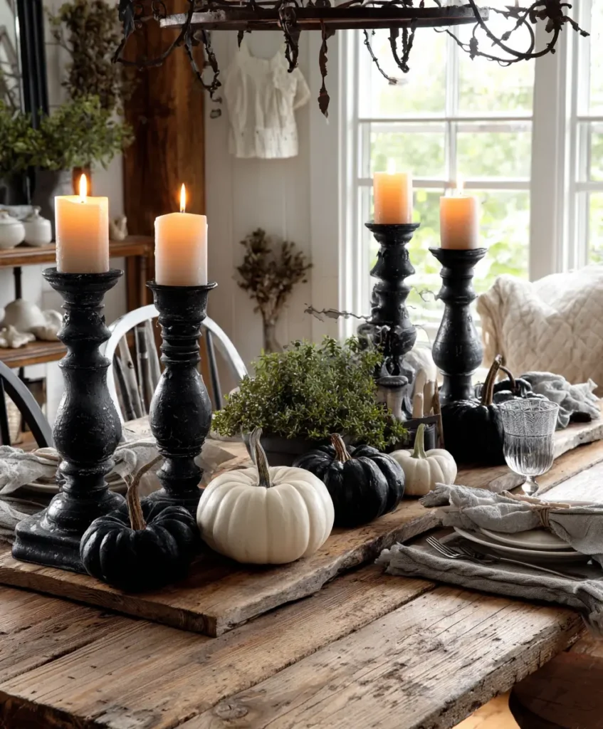 Black Candlesticks on Wooden Tables