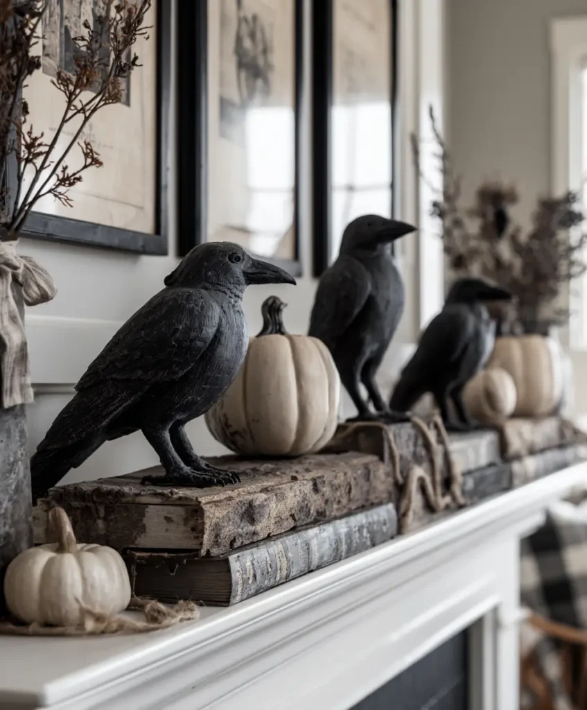 Black Crow Figurines on Mantel