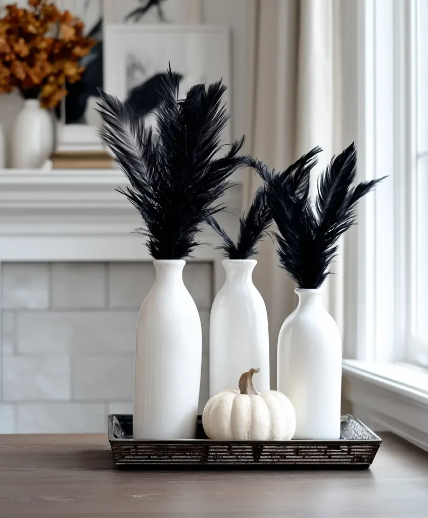 Milk Glass Vases with Black Feathers