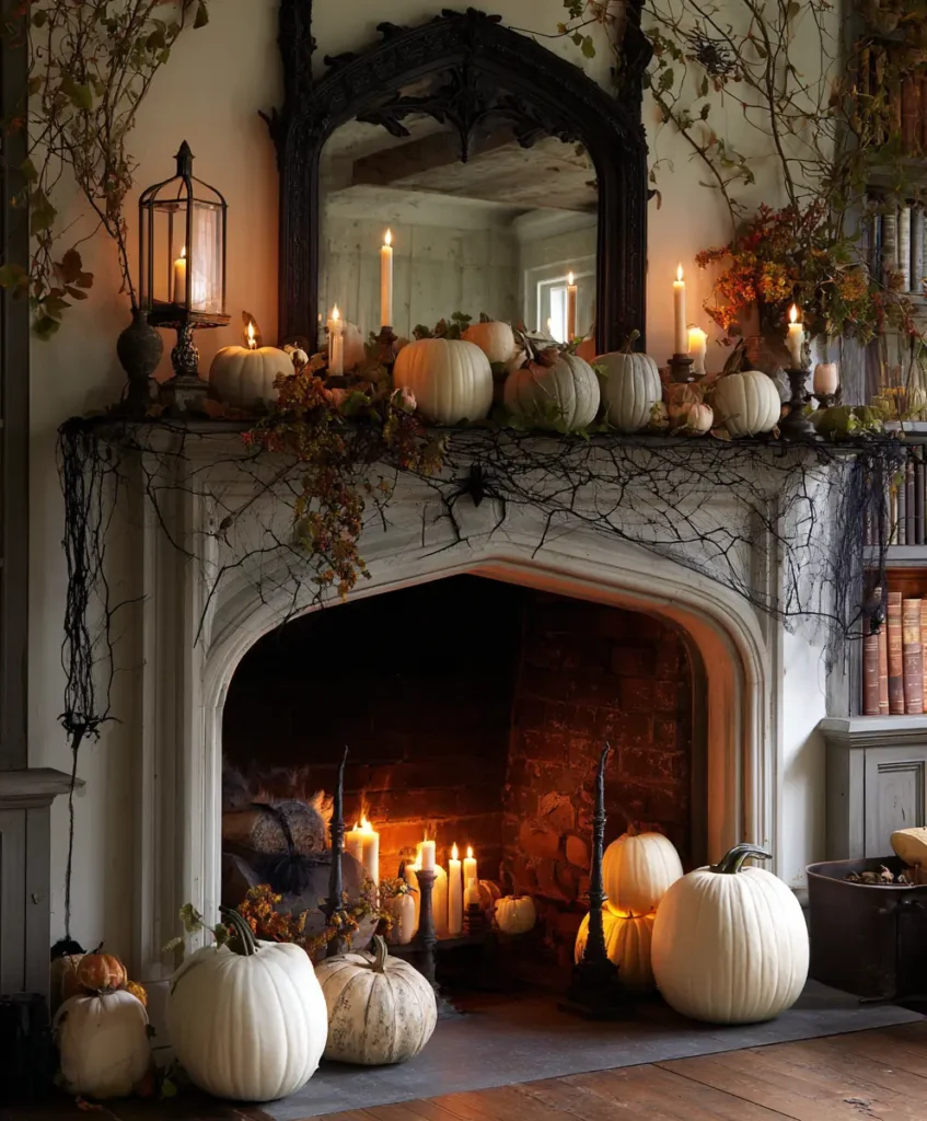Pumpkin-Filled Fireplace Mantel