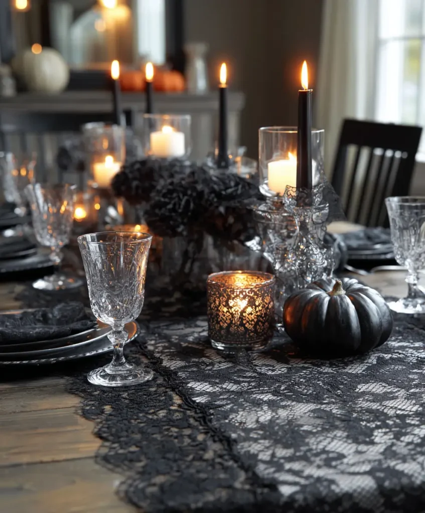 Black Lace Table Runner & Clear Glass Centerpiece