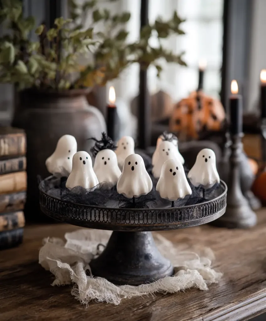 Mini Ghost Figurines on a Pedestal Tray